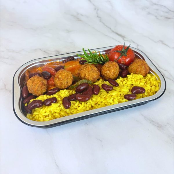 FALAFELS AUX PETITS LÉGUMES D’HIVER RÔTIS, RIZ CURCUMA, HARICOTS ROUGES