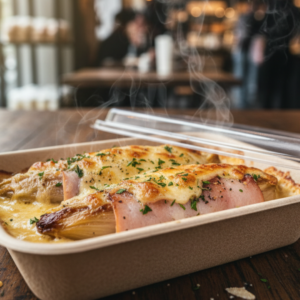 endives cuites au beurre et au citron qui sont ensuite enroulées dans du jambon blanc cuit aux herbes, pour être finalement nappées de sauce béchamel et gratinées au fromage